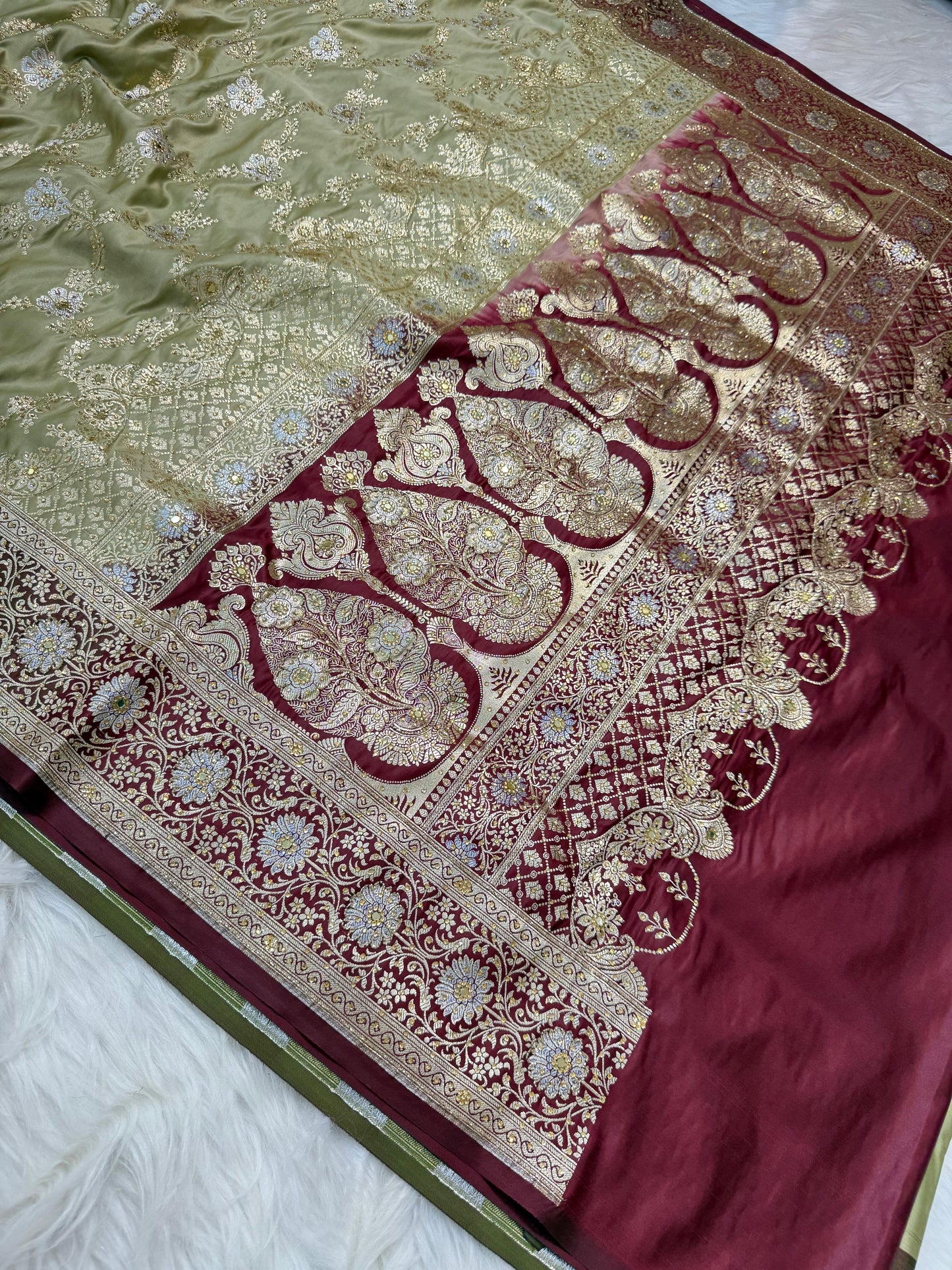 Beige Satan Katan Handwork Premium Banarasi Silk Saree
