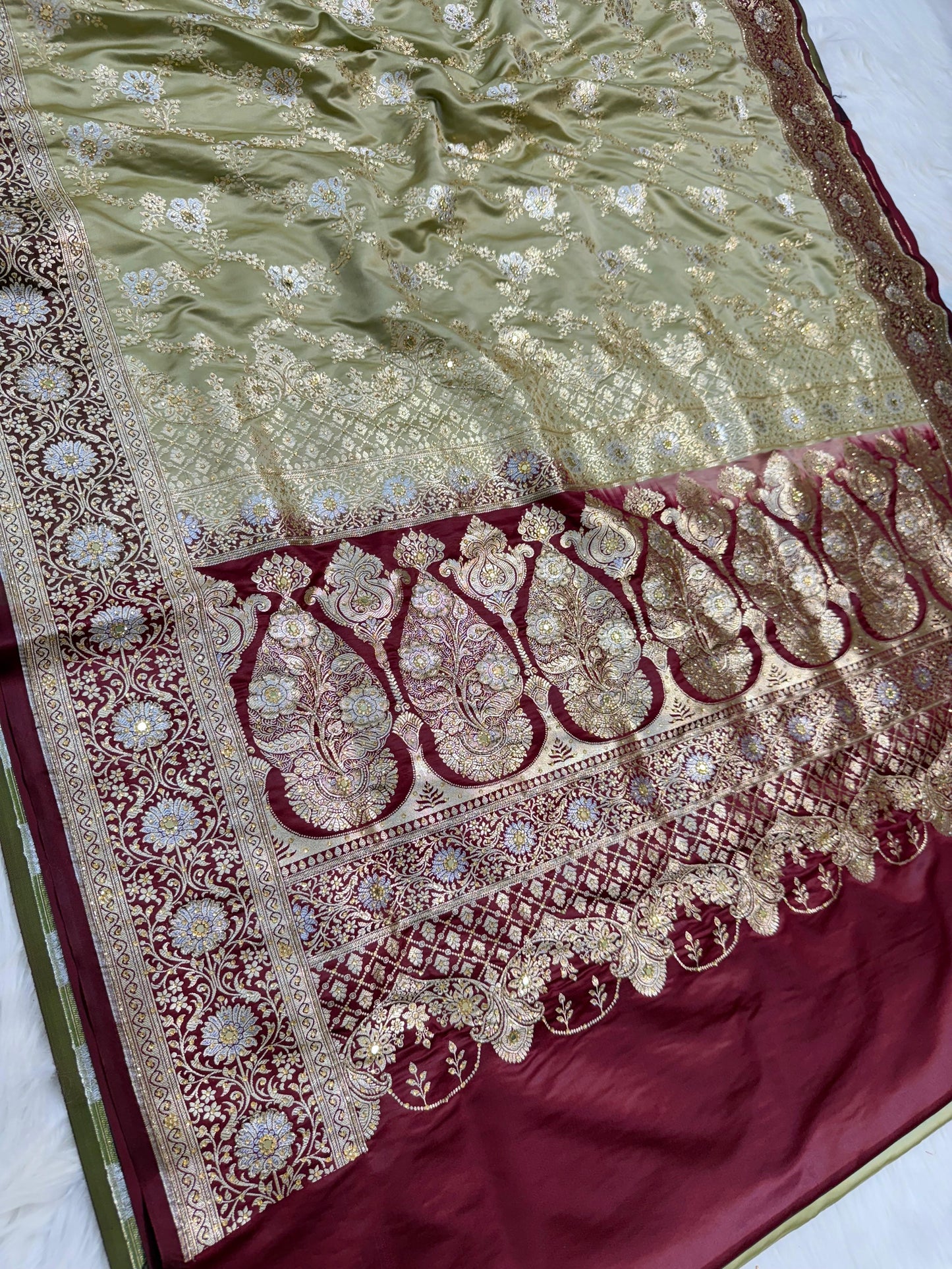 Beige Satan Katan Handwork Premium Banarasi Silk Saree