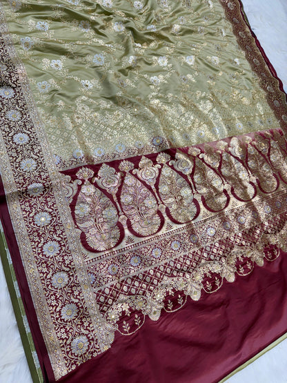 Beige Satan Katan Handwork Premium Banarasi Silk Saree