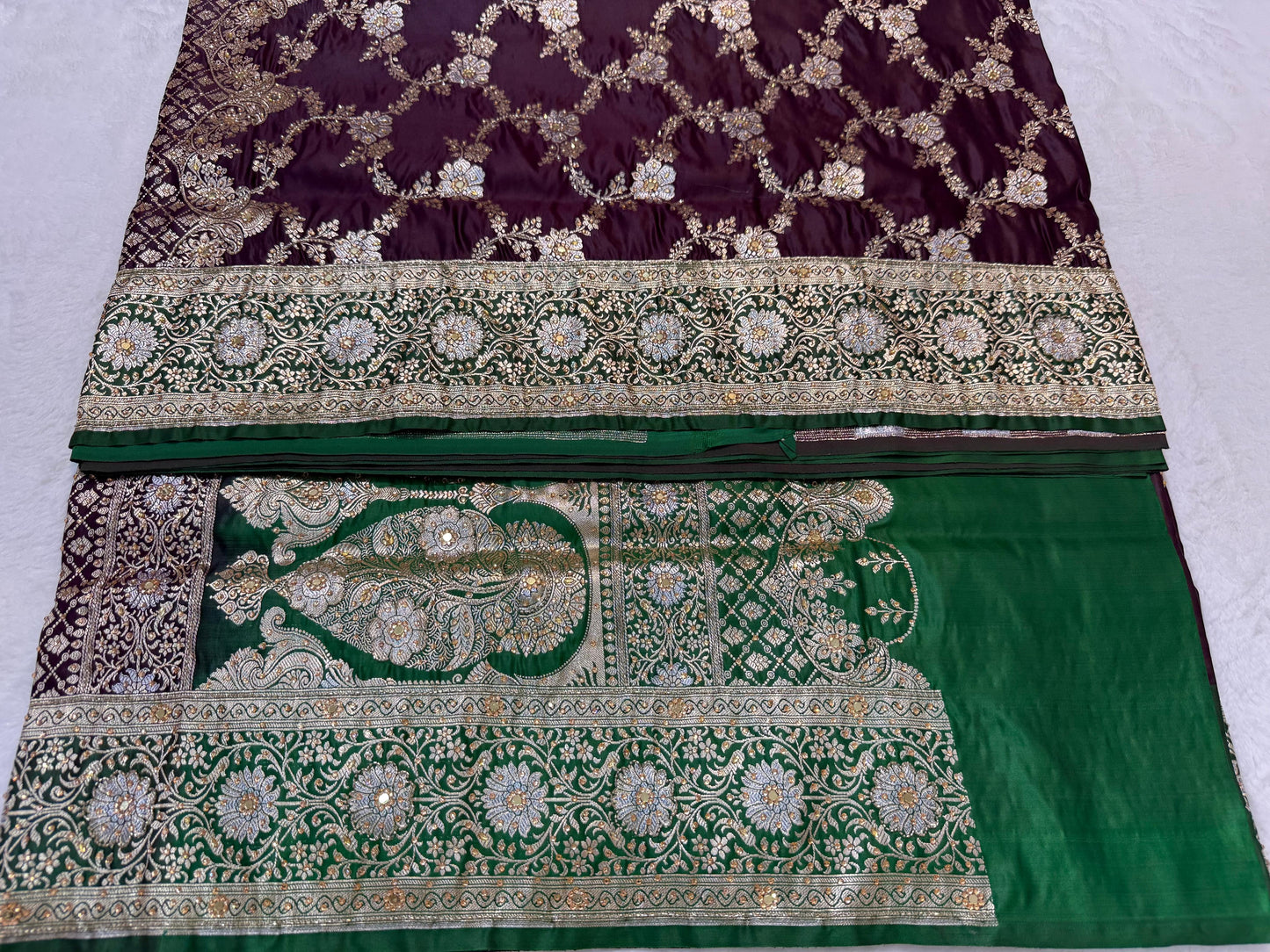 Wine Satan Katan Handwork Premium Banarasi Silk Saree