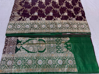 Wine Satan Katan Handwork Premium Banarasi Silk Saree