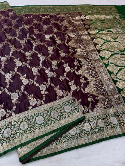 Wine Satan Katan Handwork Premium Banarasi Silk Saree