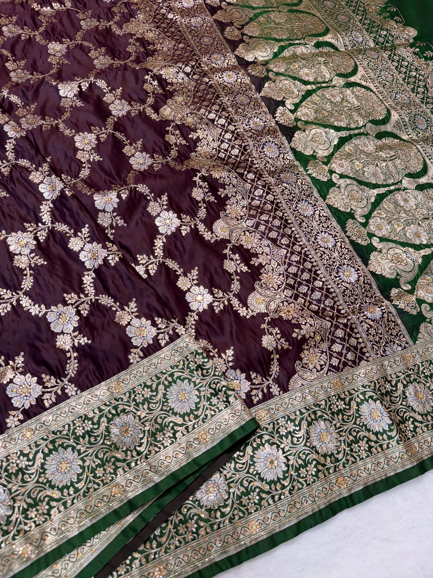 Wine Satan Katan Handwork Premium Banarasi Silk Saree