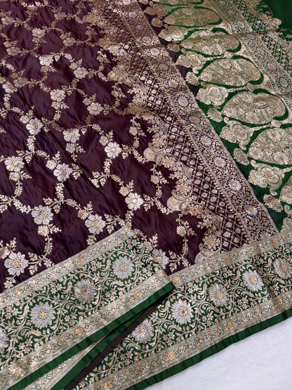 Wine Satan Katan Handwork Premium Banarasi Silk Saree