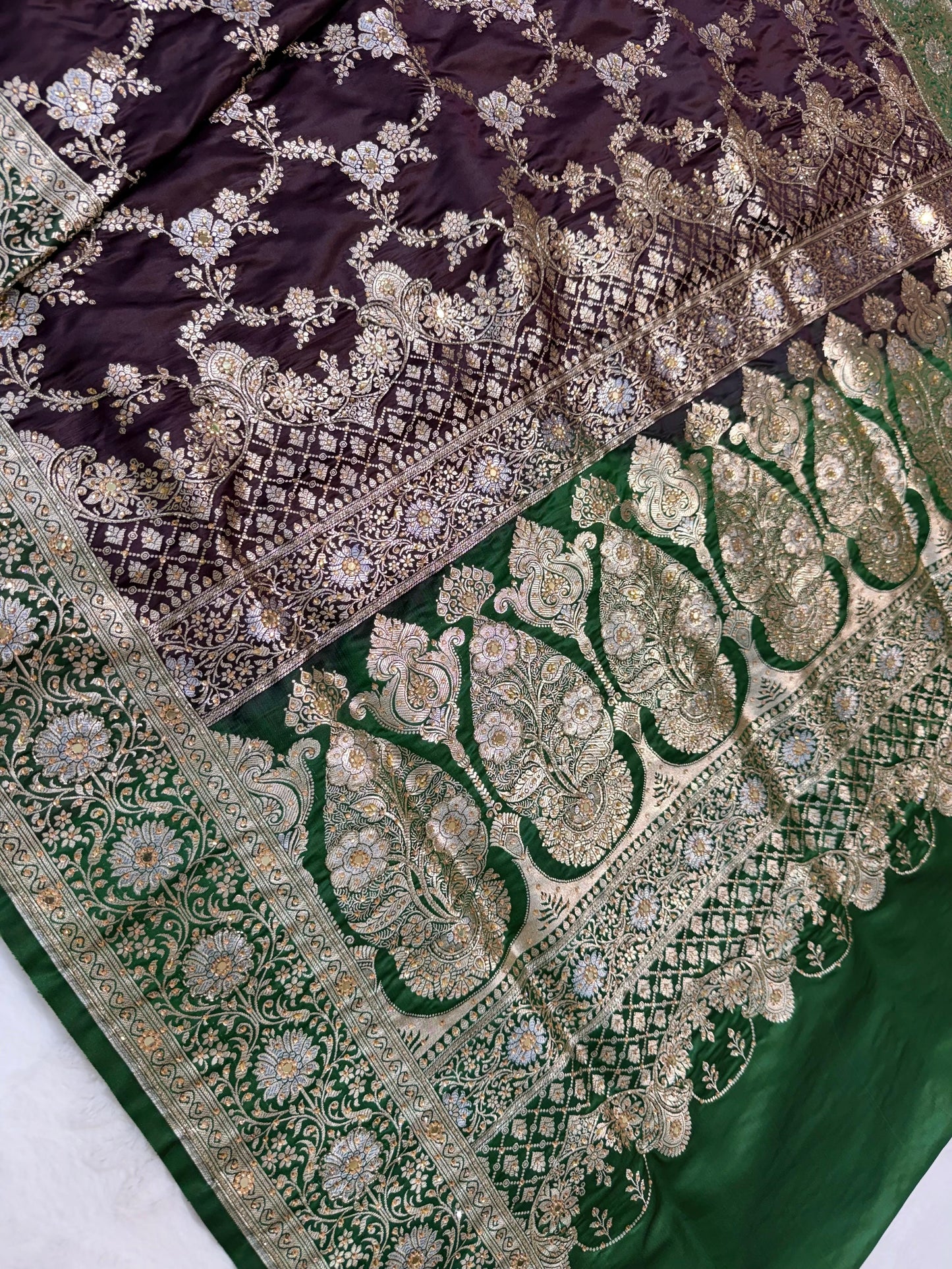 Wine Satan Katan Handwork Premium Banarasi Silk Saree