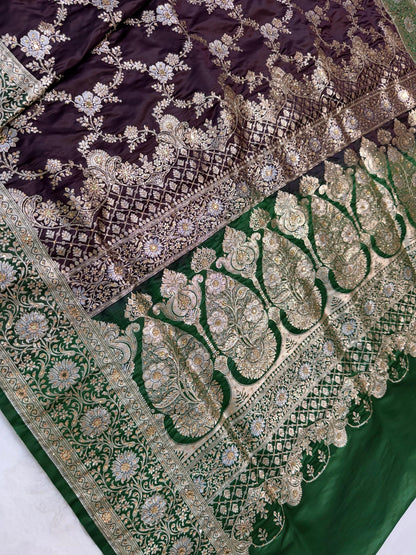 Wine Satan Katan Handwork Premium Banarasi Silk Saree