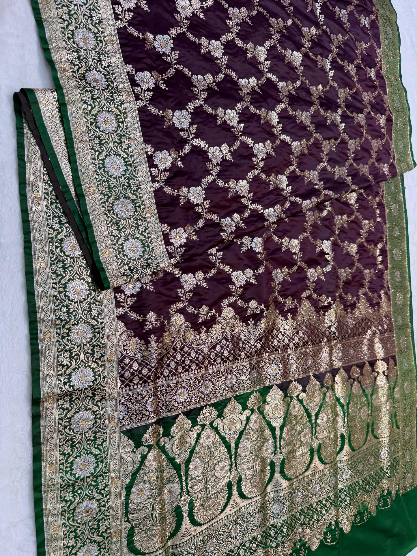 Wine Satan Katan Handwork Premium Banarasi Silk Saree