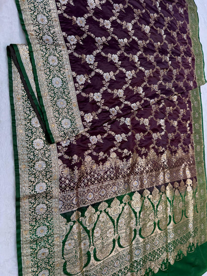 Wine Satan Katan Handwork Premium Banarasi Silk Saree