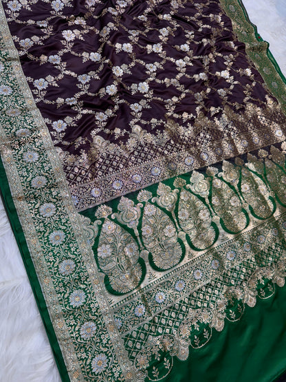 Wine Satan Katan Handwork Premium Banarasi Silk Saree