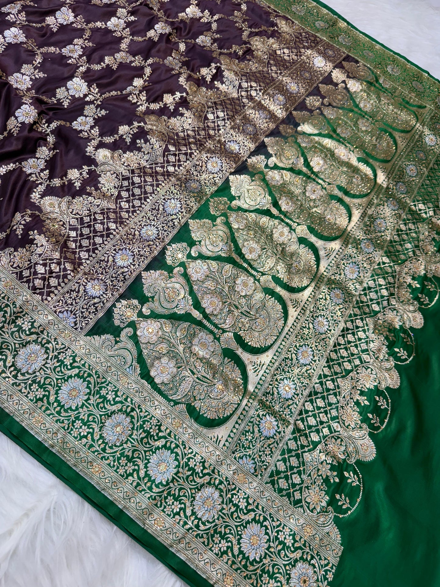 Wine Satan Katan Handwork Premium Banarasi Silk Saree