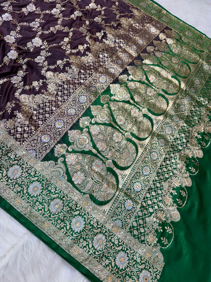 Wine Satan Katan Handwork Premium Banarasi Silk Saree