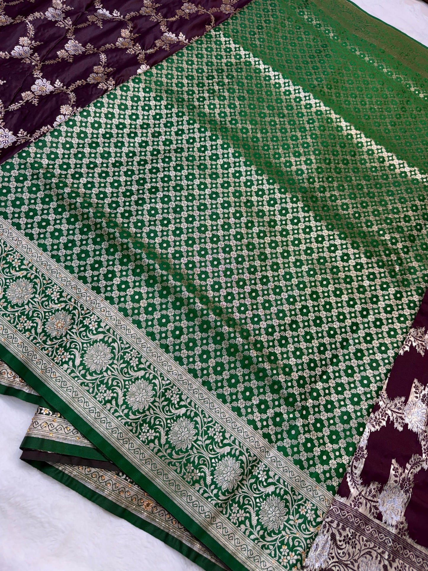 Wine Satan Katan Handwork Premium Banarasi Silk Saree