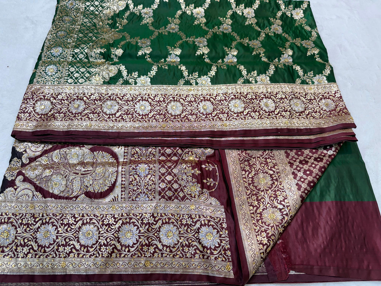Green Satan Katan Handwork Premium Banarasi Silk Saree