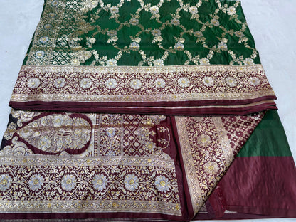 Green Satan Katan Handwork Premium Banarasi Silk Saree