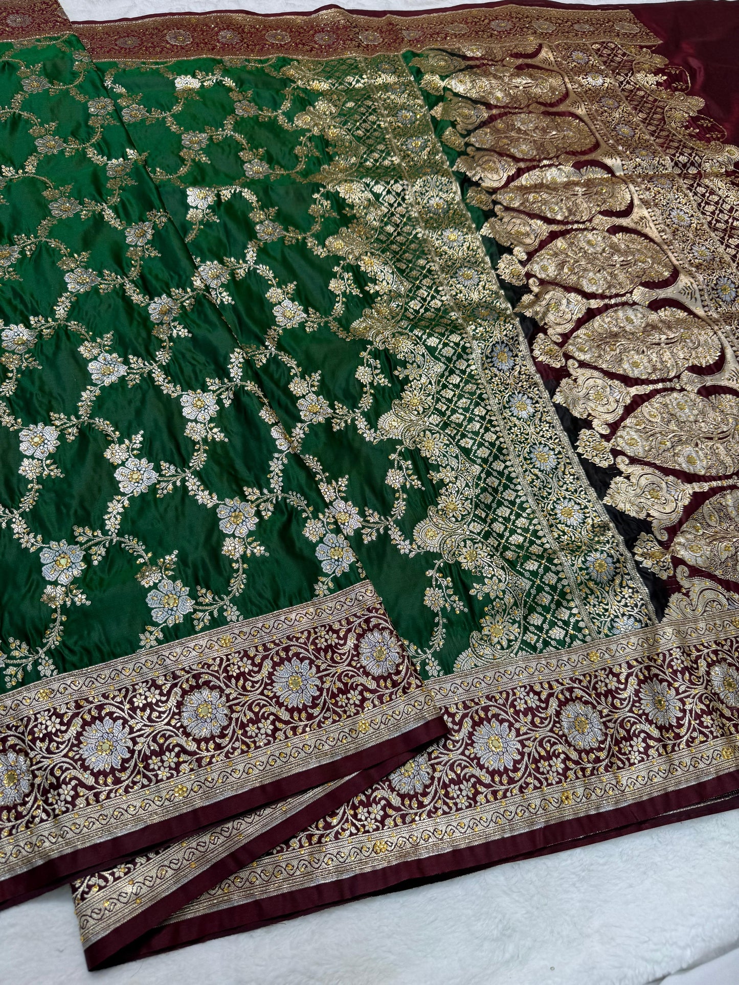 Green Satan Katan Handwork Premium Banarasi Silk Saree