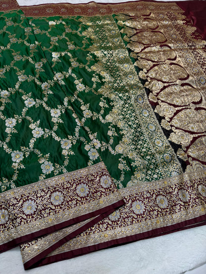 Green Satan Katan Handwork Premium Banarasi Silk Saree