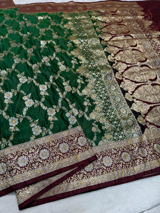 Green Satan Katan Handwork Premium Banarasi Silk Saree