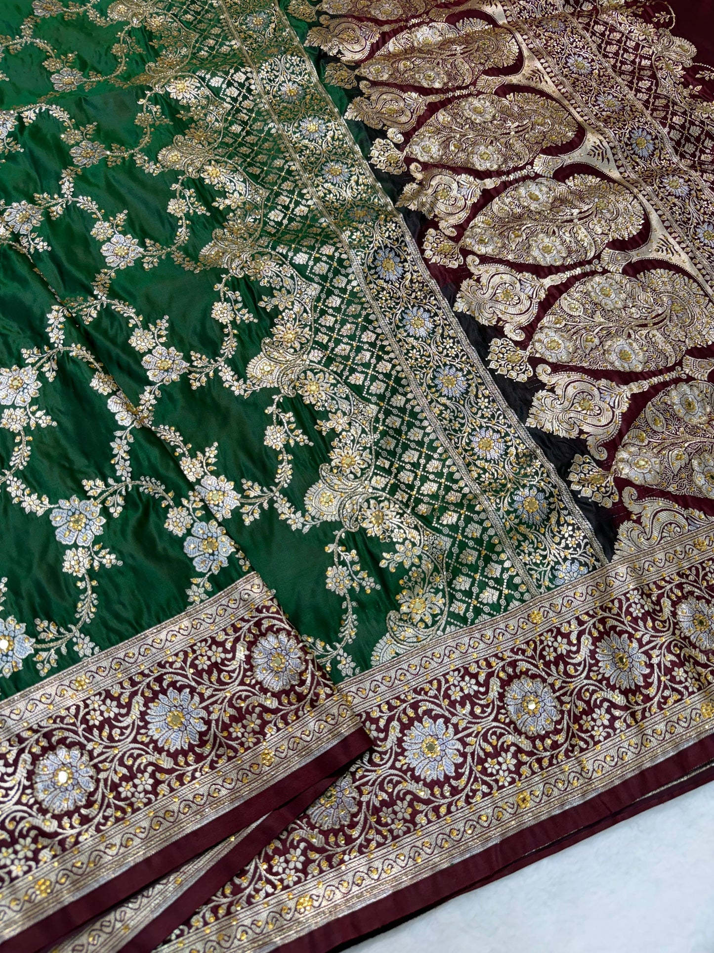 Green Satan Katan Handwork Premium Banarasi Silk Saree