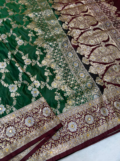 Green Satan Katan Handwork Premium Banarasi Silk Saree