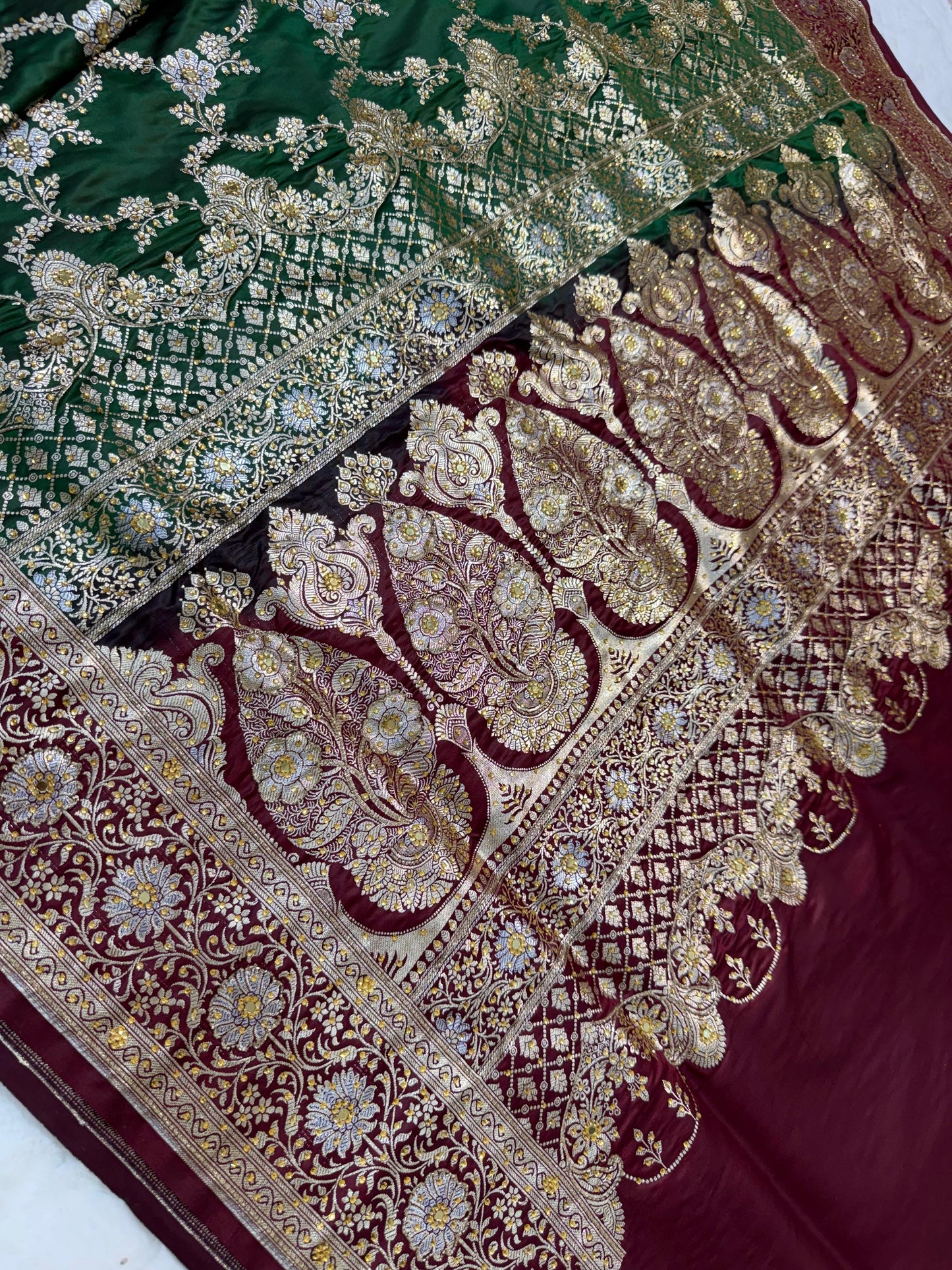 Green Satan Katan Handwork Premium Banarasi Silk Saree