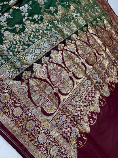 Green Satan Katan Handwork Premium Banarasi Silk Saree