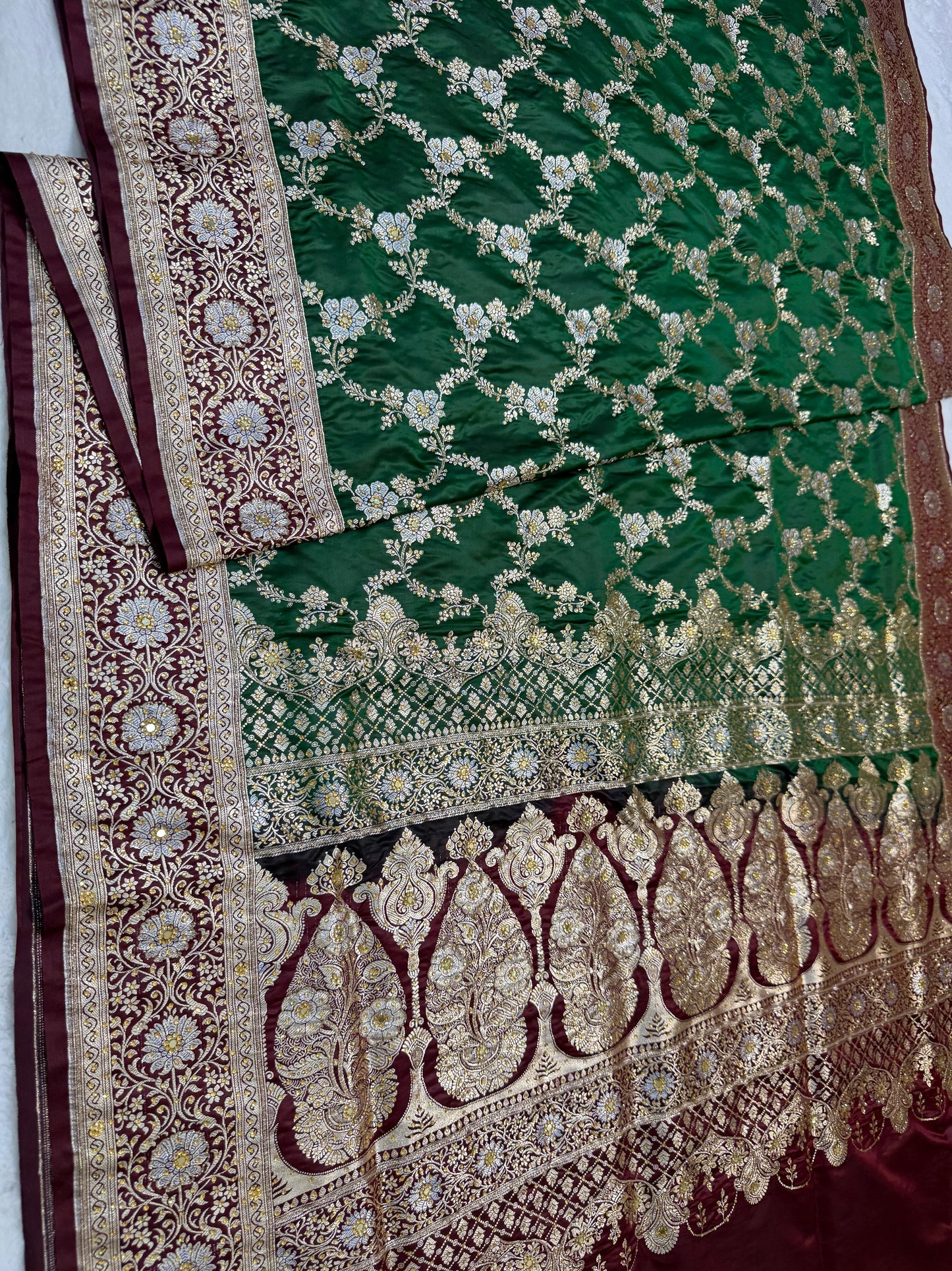 Green Satan Katan Handwork Premium Banarasi Silk Saree