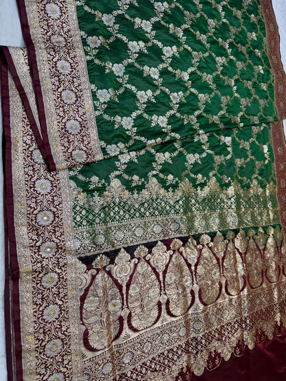 Green Satan Katan Handwork Premium Banarasi Silk Saree