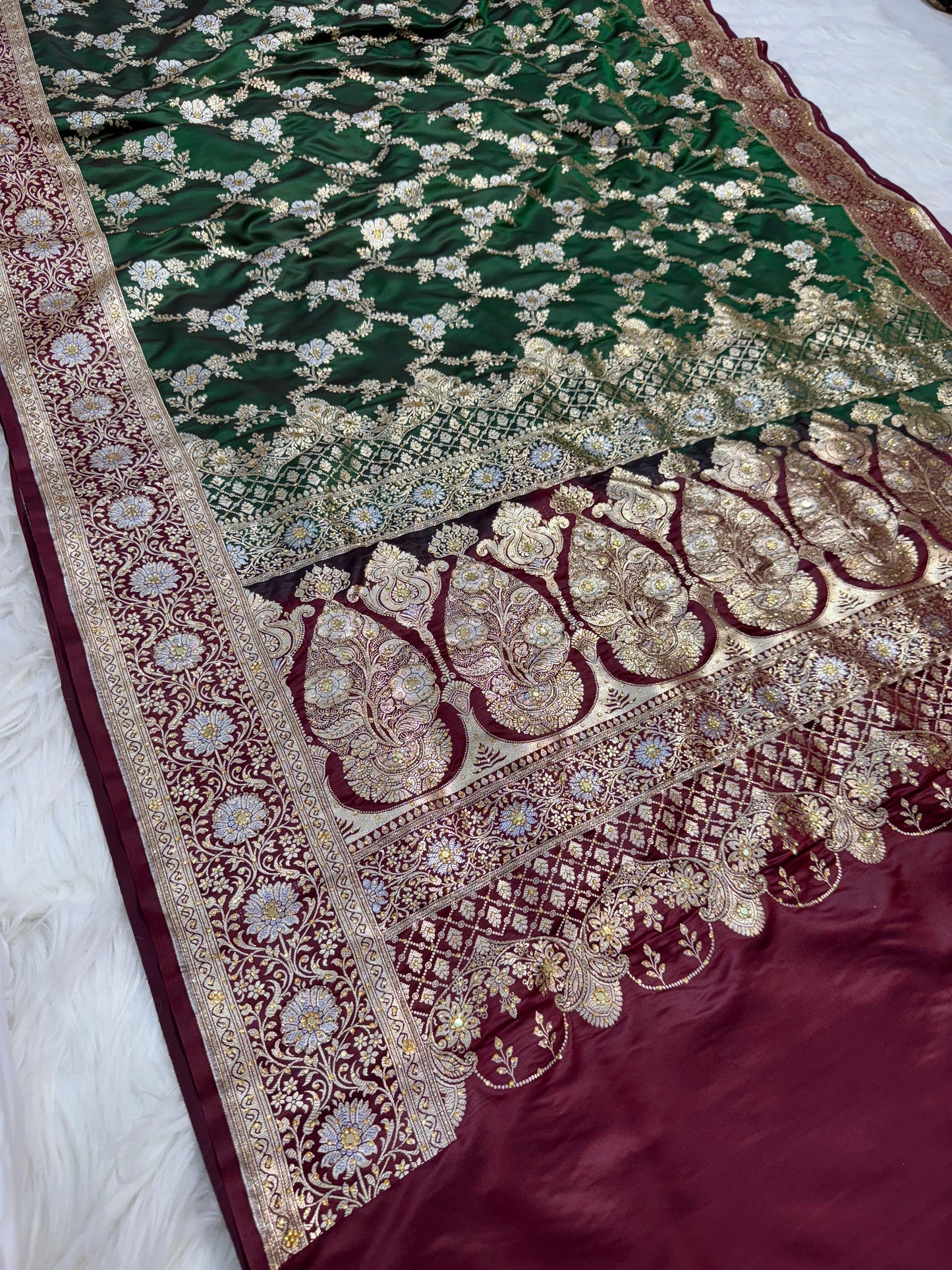 Green Satan Katan Handwork Premium Banarasi Silk Saree