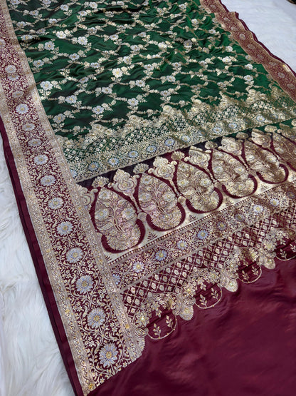 Green Satan Katan Handwork Premium Banarasi Silk Saree