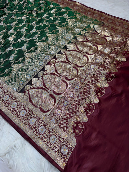Green Satan Katan Handwork Premium Banarasi Silk Saree