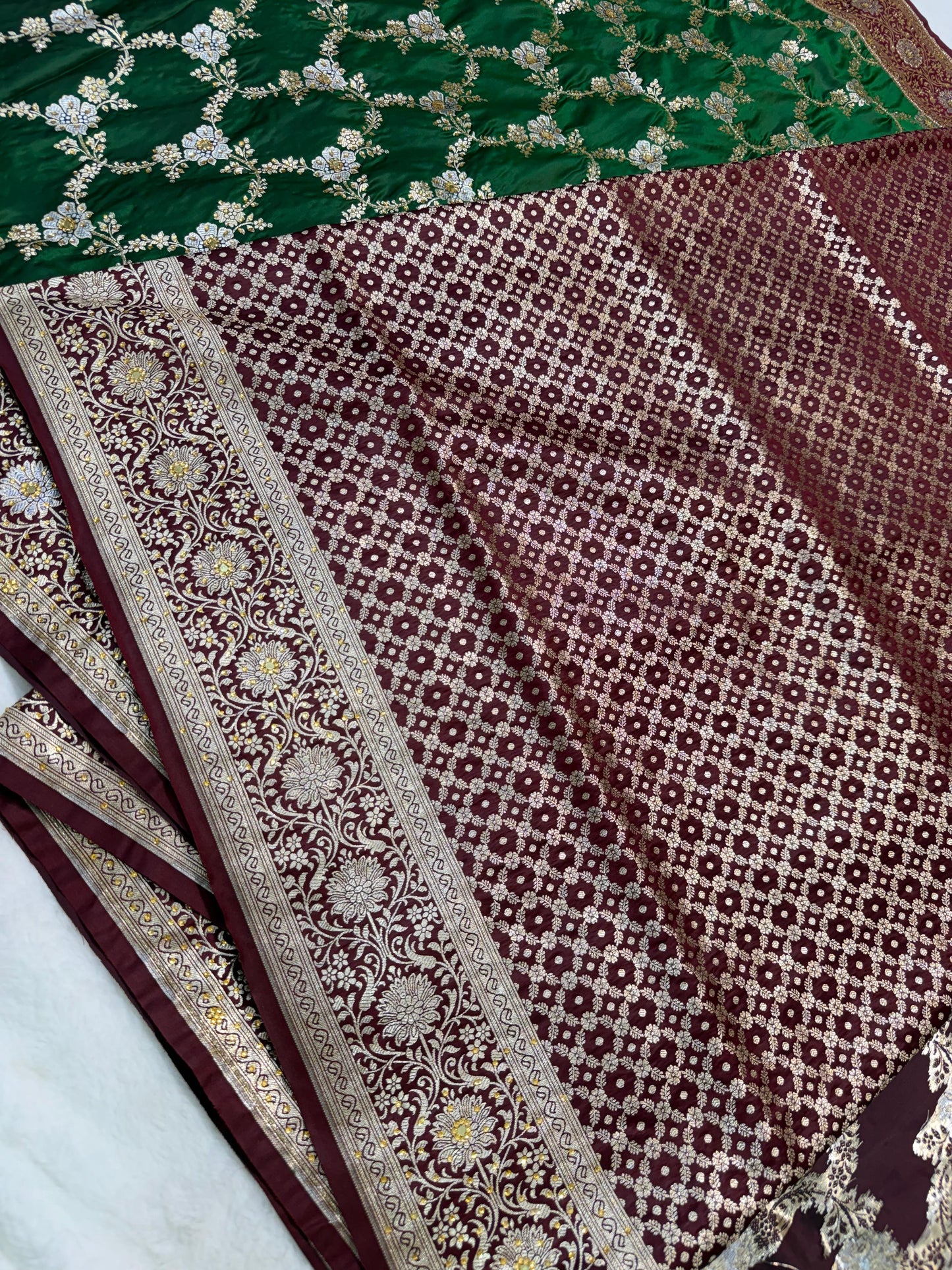 Green Satan Katan Handwork Premium Banarasi Silk Saree