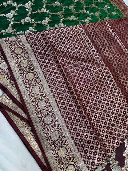 Green Satan Katan Handwork Premium Banarasi Silk Saree