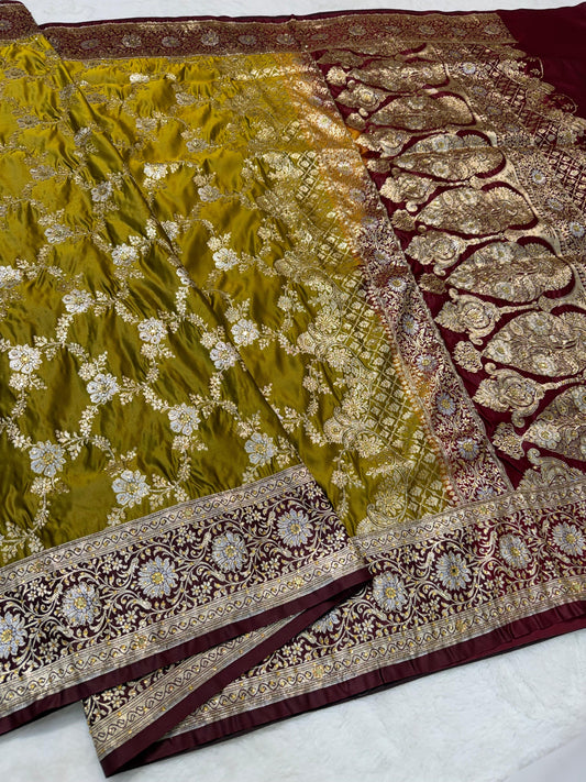 Gold Satan Katan Handwork Premium Banarasi Silk Saree