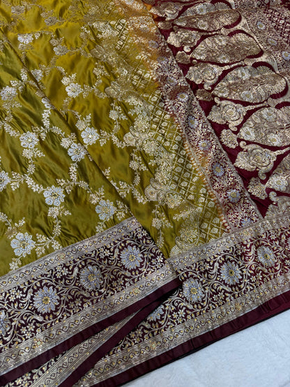 Gold Satan Katan Handwork Premium Banarasi Silk Saree
