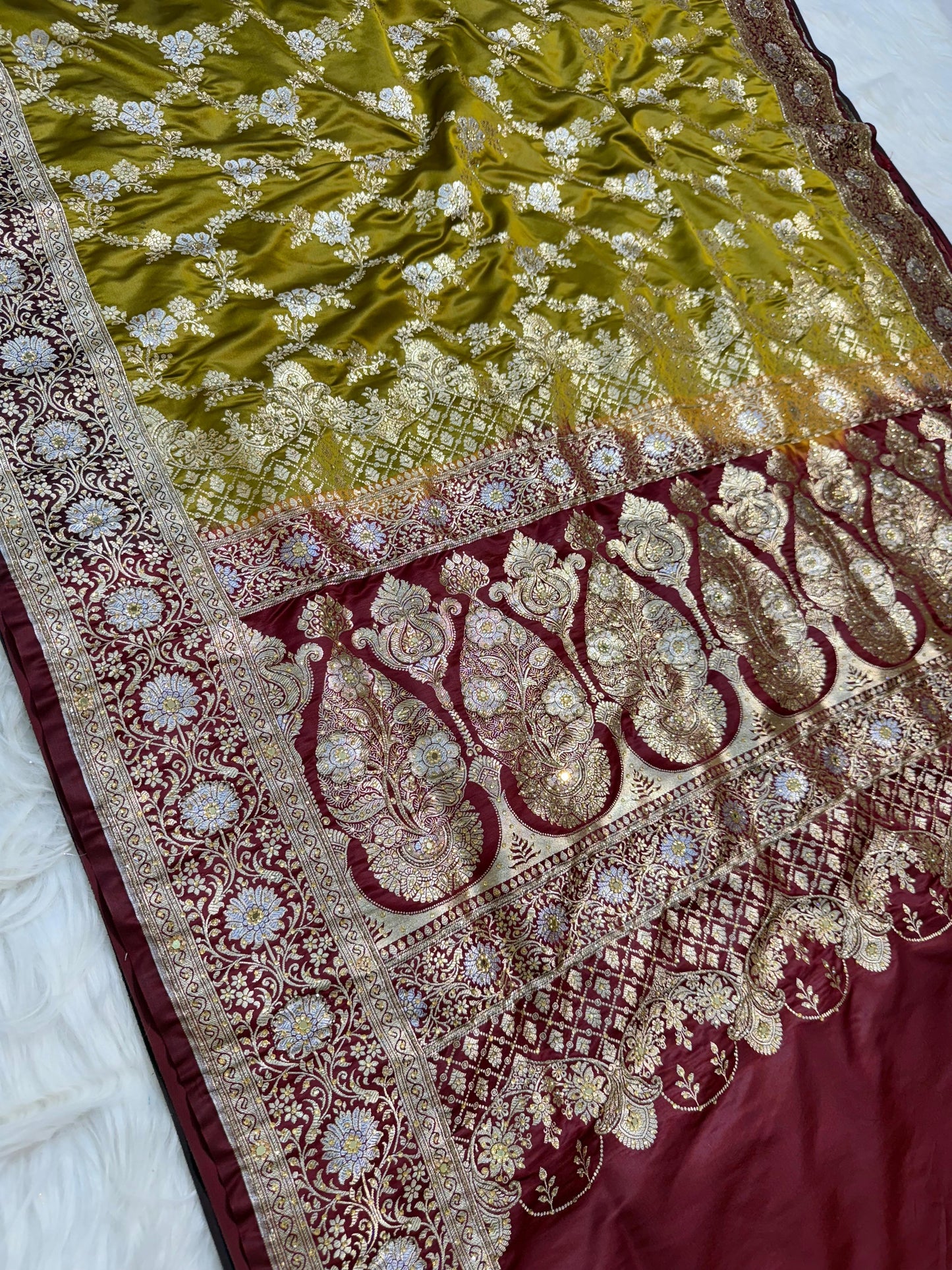 Gold Satan Katan Handwork Premium Banarasi Silk Saree