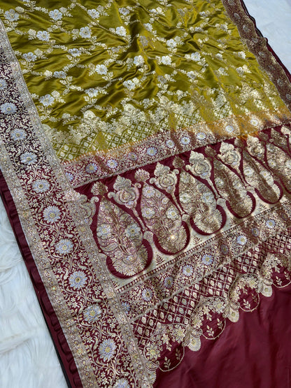 Gold Satan Katan Handwork Premium Banarasi Silk Saree