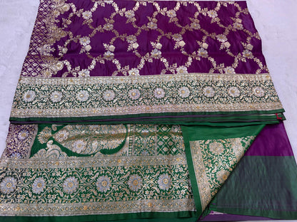 Magenta Satan Katan Handwork Premium Banarasi Silk Saree