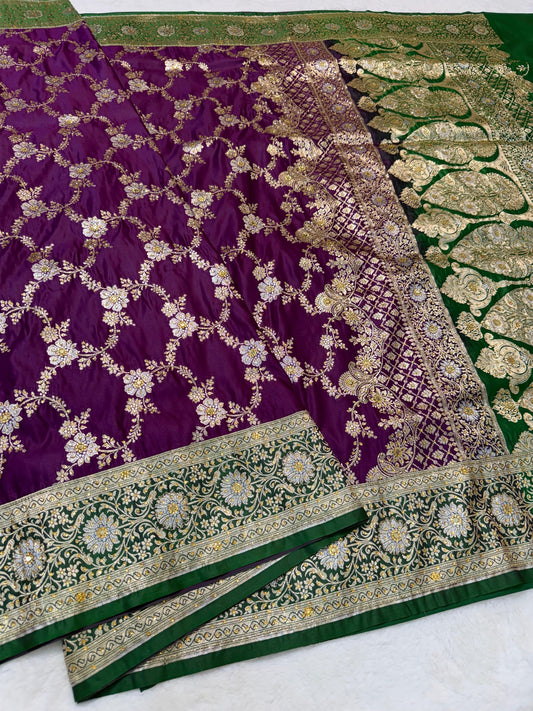 Magenta Satan Katan Handwork Premium Banarasi Silk Saree