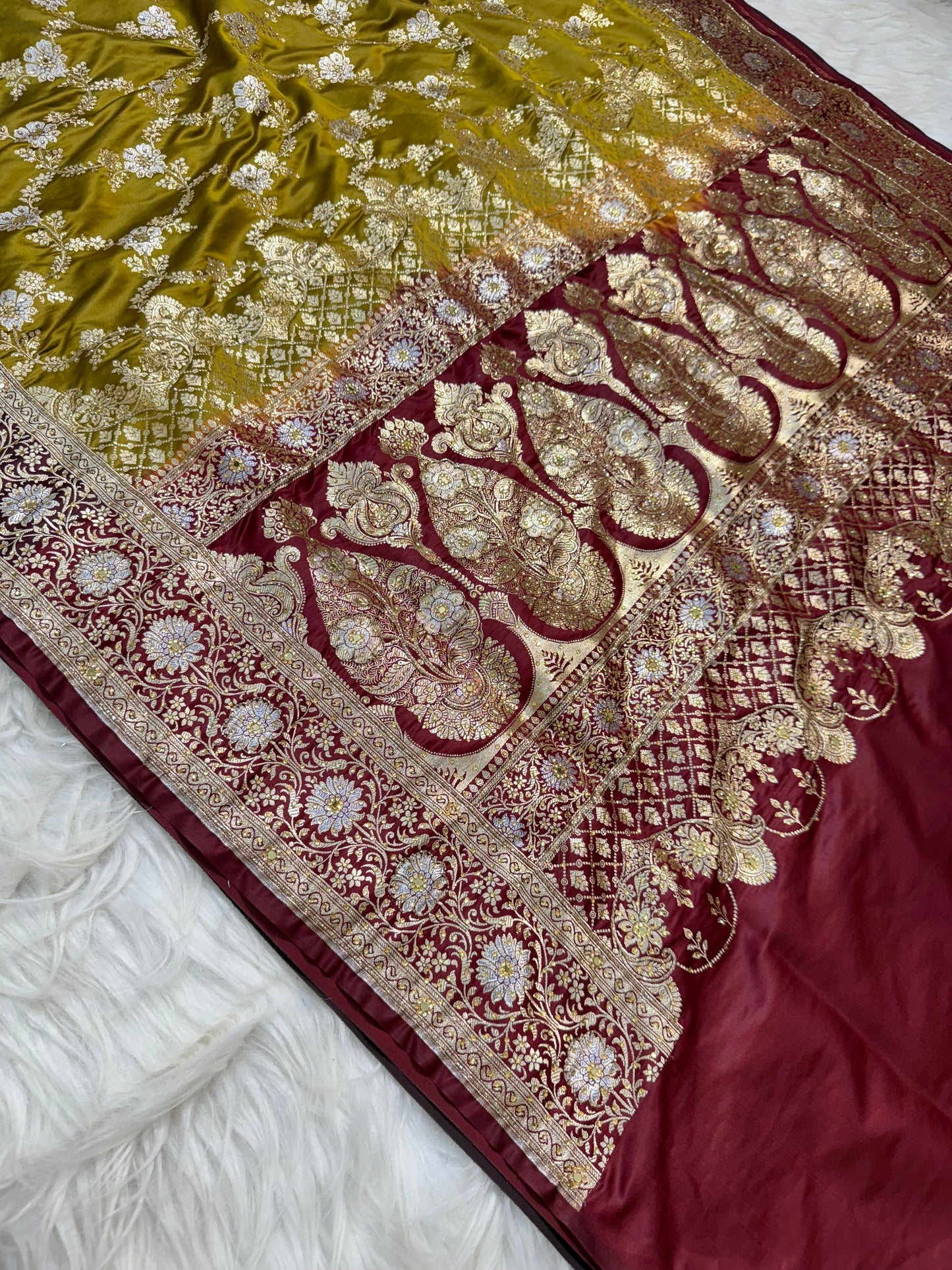 Gold Satan Katan Handwork Premium Banarasi Silk Saree