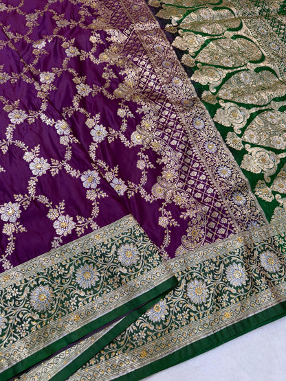 Magenta Satan Katan Handwork Premium Banarasi Silk Saree