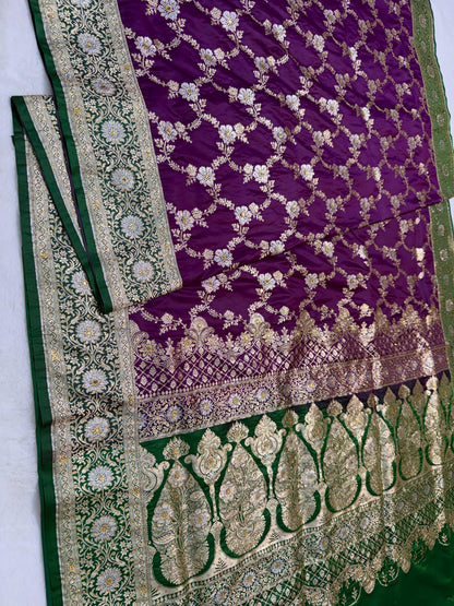 Magenta Satan Katan Handwork Premium Banarasi Silk Saree