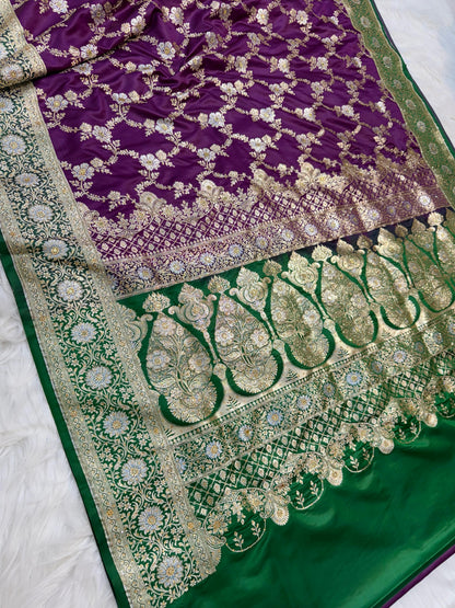Magenta Satan Katan Handwork Premium Banarasi Silk Saree