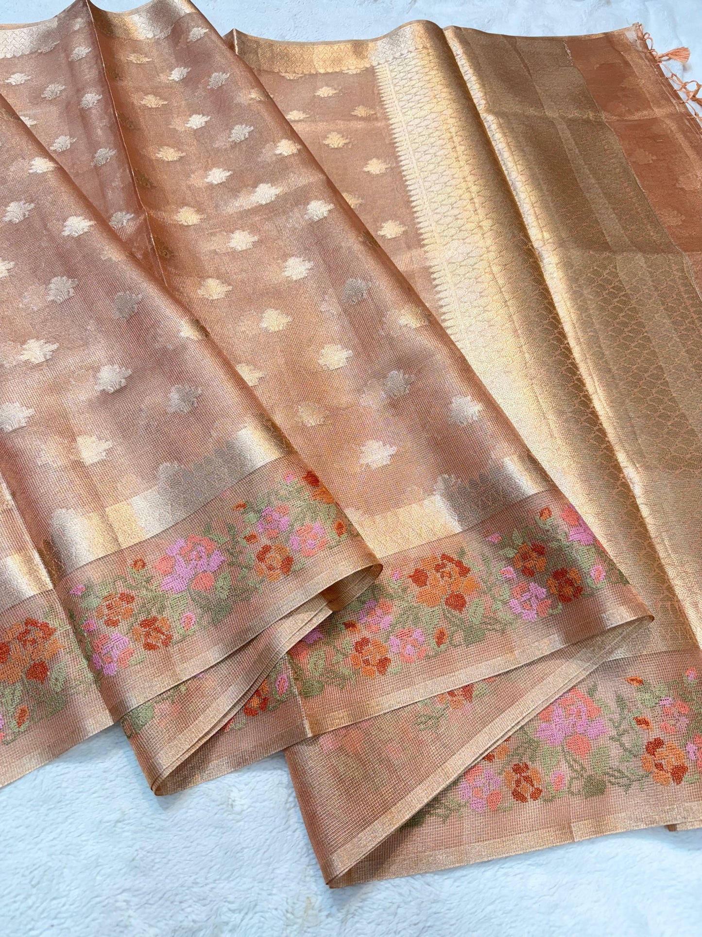 Peach Tissue Kota Designer Embroidery Premium Banarasi Saree