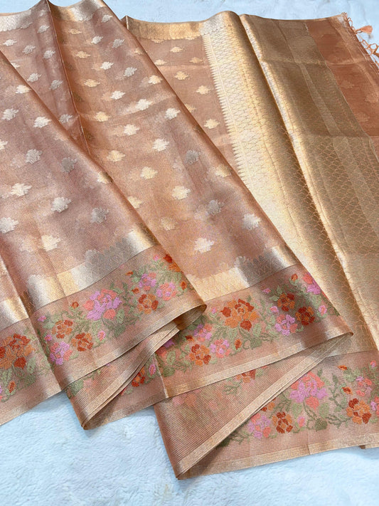 Peach Tissue Kota Designer Embroidery Premium Banarasi Saree