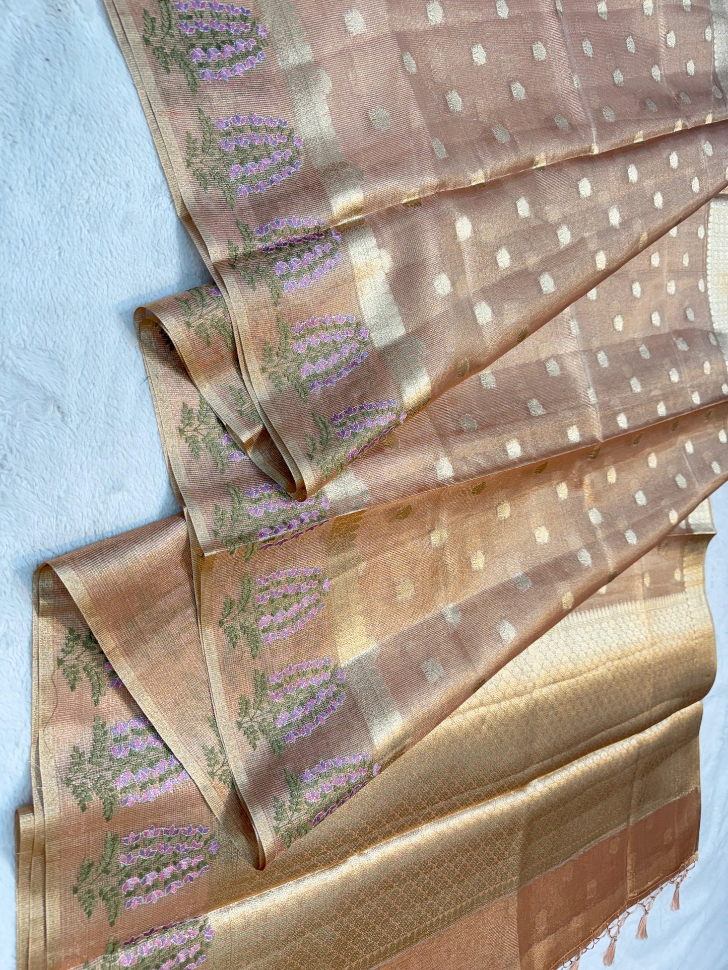 Peach Tissue Kota Designer Embroidery Premium Banarasi Saree