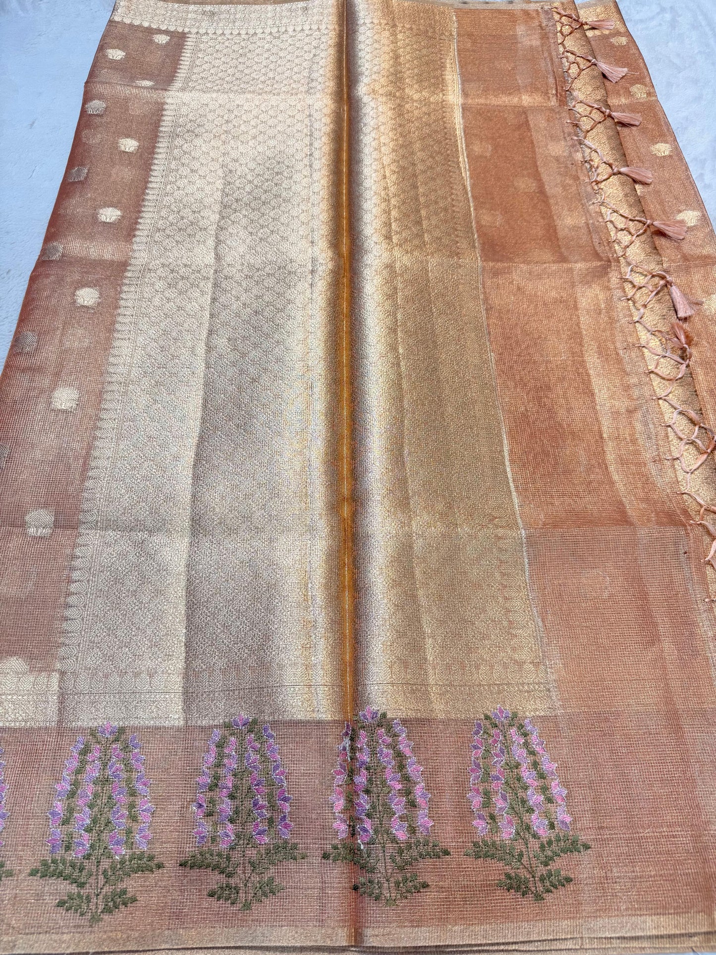 Peach Tissue Kota Designer Embroidery Premium Banarasi Saree