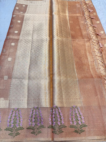 Peach Tissue Kota Designer Embroidery Premium Banarasi Saree