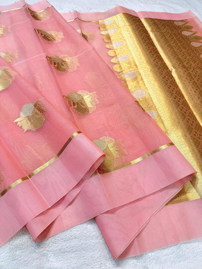 Peach Kora Organza Banarasi Saree