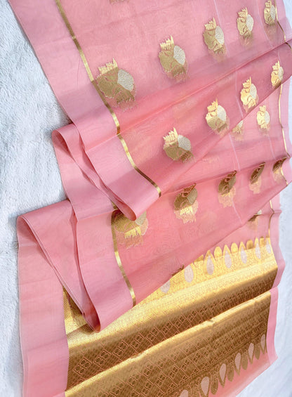 Peach Kora Organza Banarasi Saree