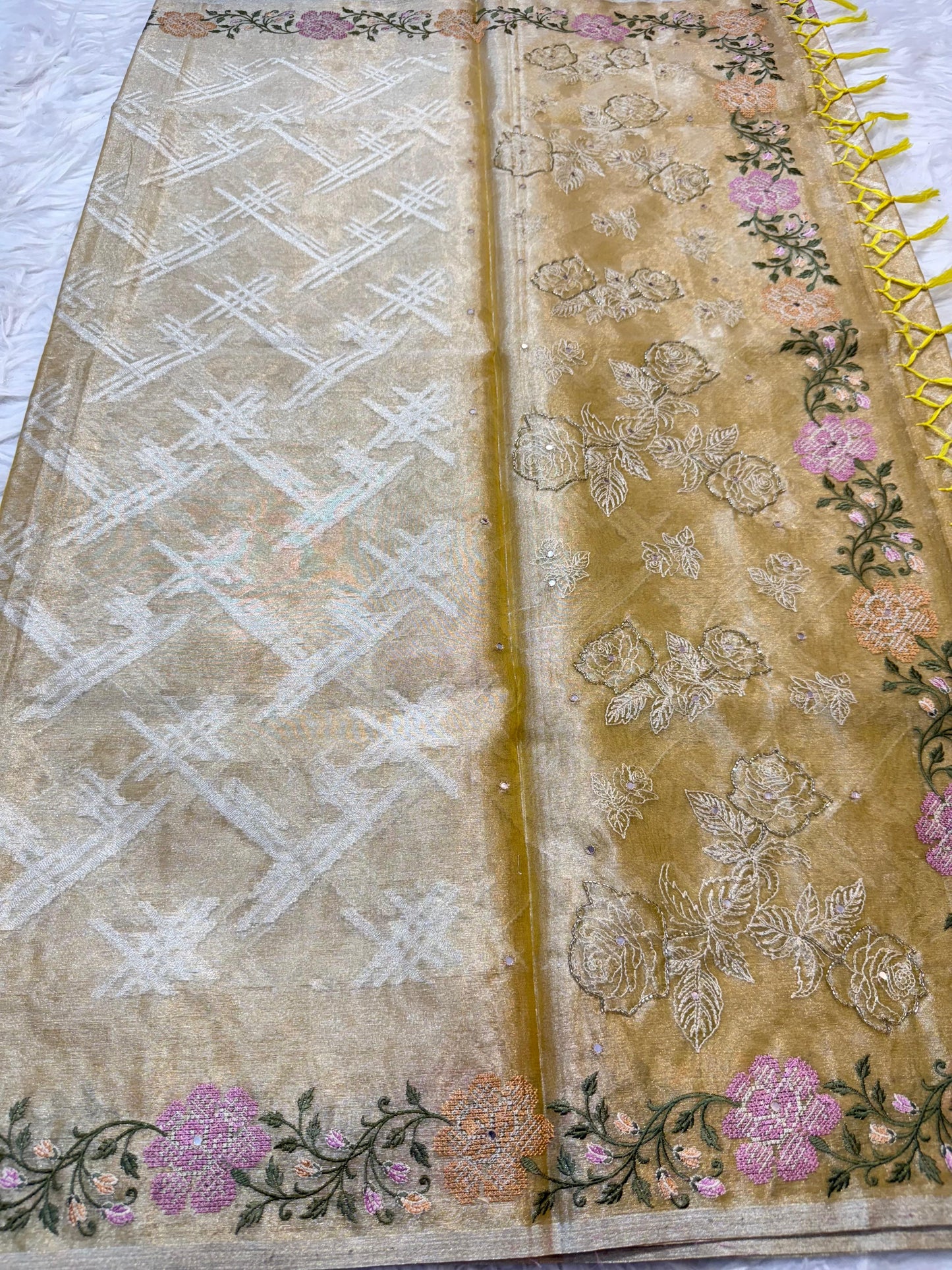Gold Tissue Embroidery Handwork Premium Banarasi Saree